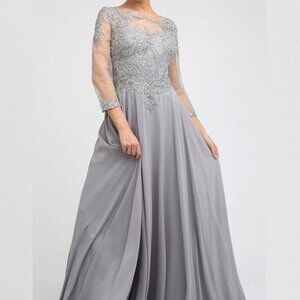 New Silver Mother Of Bride Illusion Neck 3/4th Sleeve A-Line Long Dress JTM12
